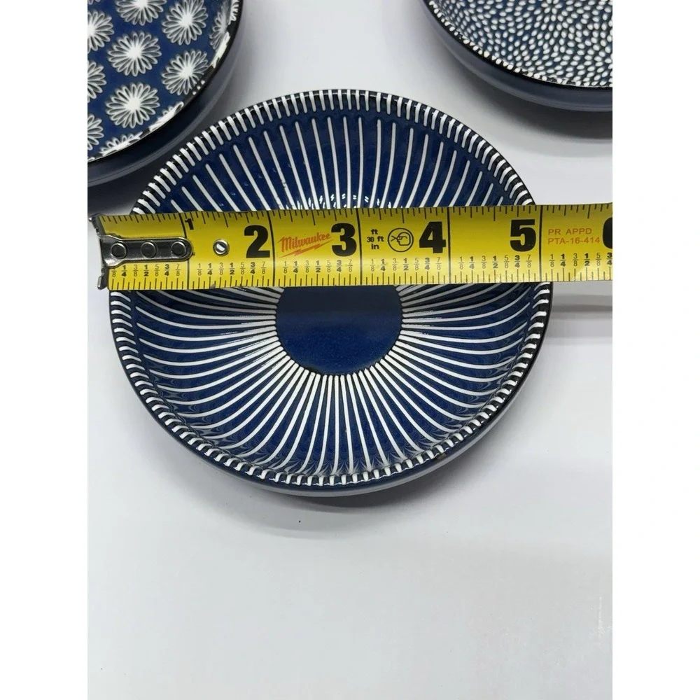 3 Creative Co-Op Stoneware Dipping Bowls Blue White Japanese Pattern EUC!